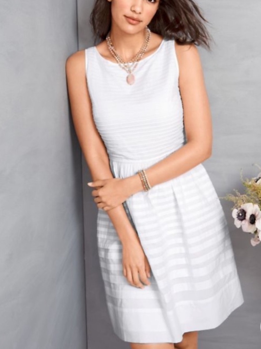 Garnet Hill White Fit-&-Flare Pintuck Sundress Sz 8 100% Cotton Coastal Grandma